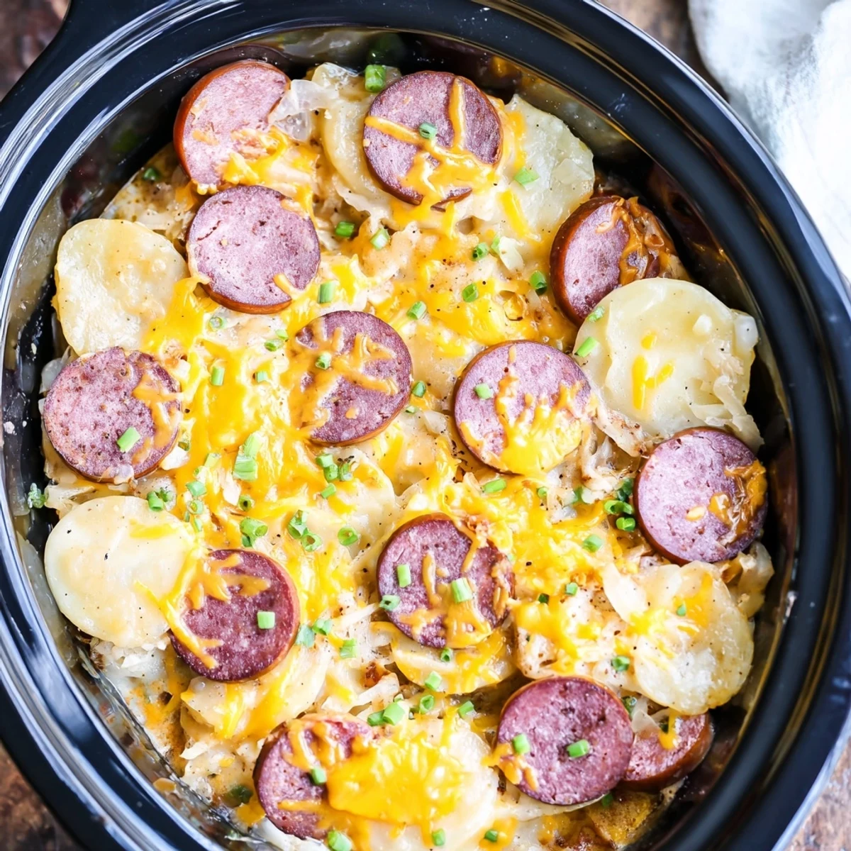 Creamy slow cooker pierogi casserole featuring smoky kielbasa under a layer of melted cheese