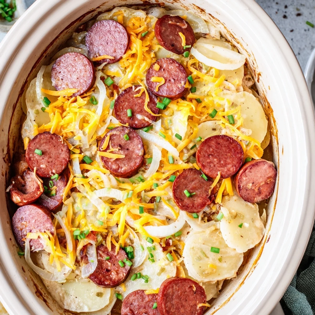 Hearty pierogi and kielbasa casserole bubbling in a slow cooker with cheesy golden topping