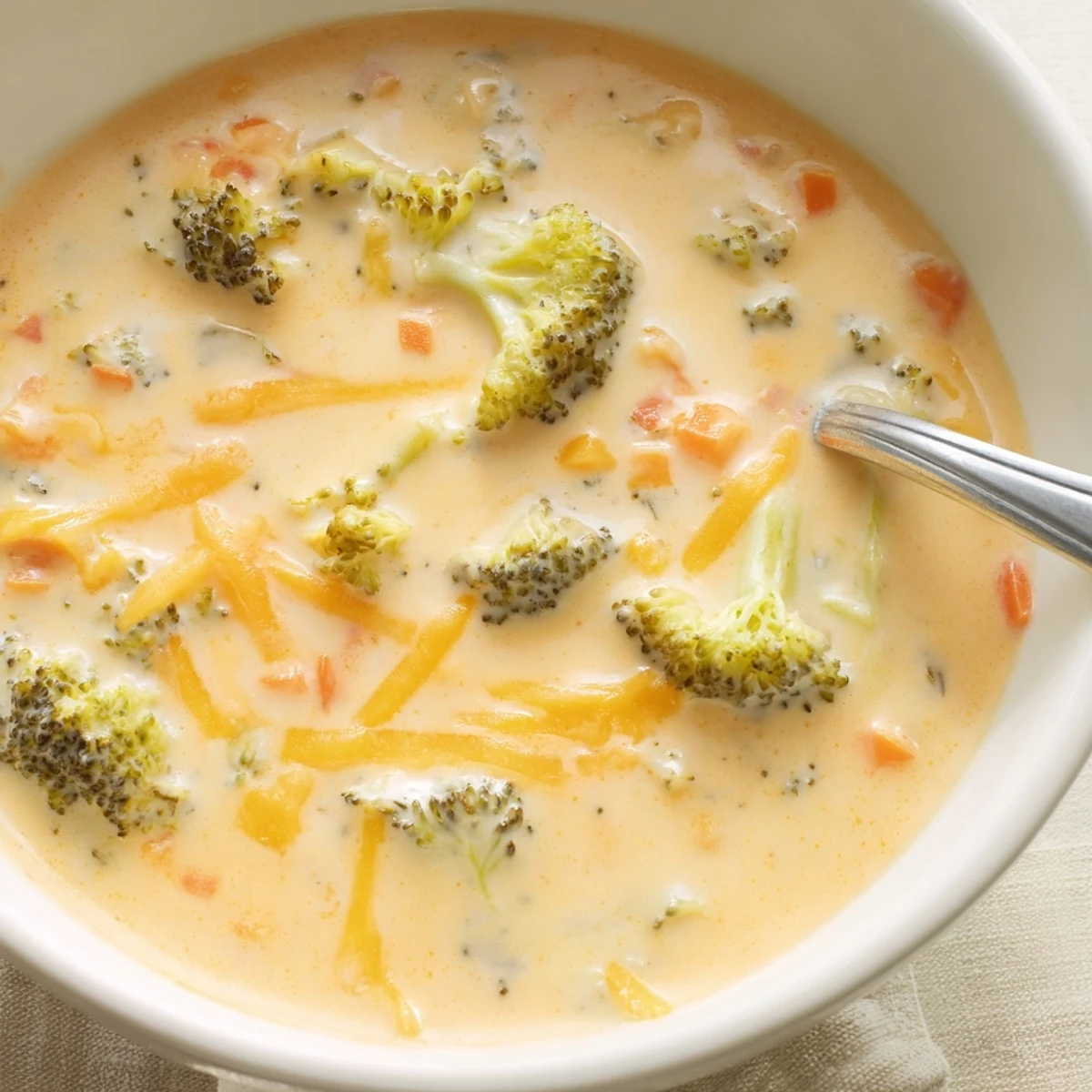 Creamy Instant Pot broccoli cheddar soup with melting cheese in a white bowl