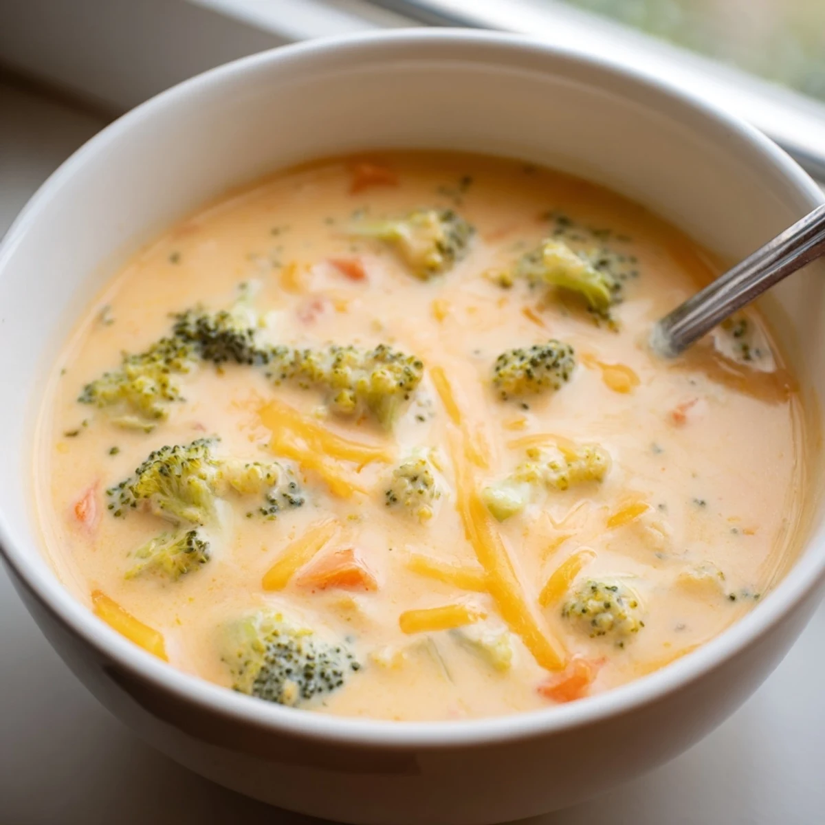 Spoon lifting rich, velvety broccoli cheddar soup from an Instant Pot with steam rising