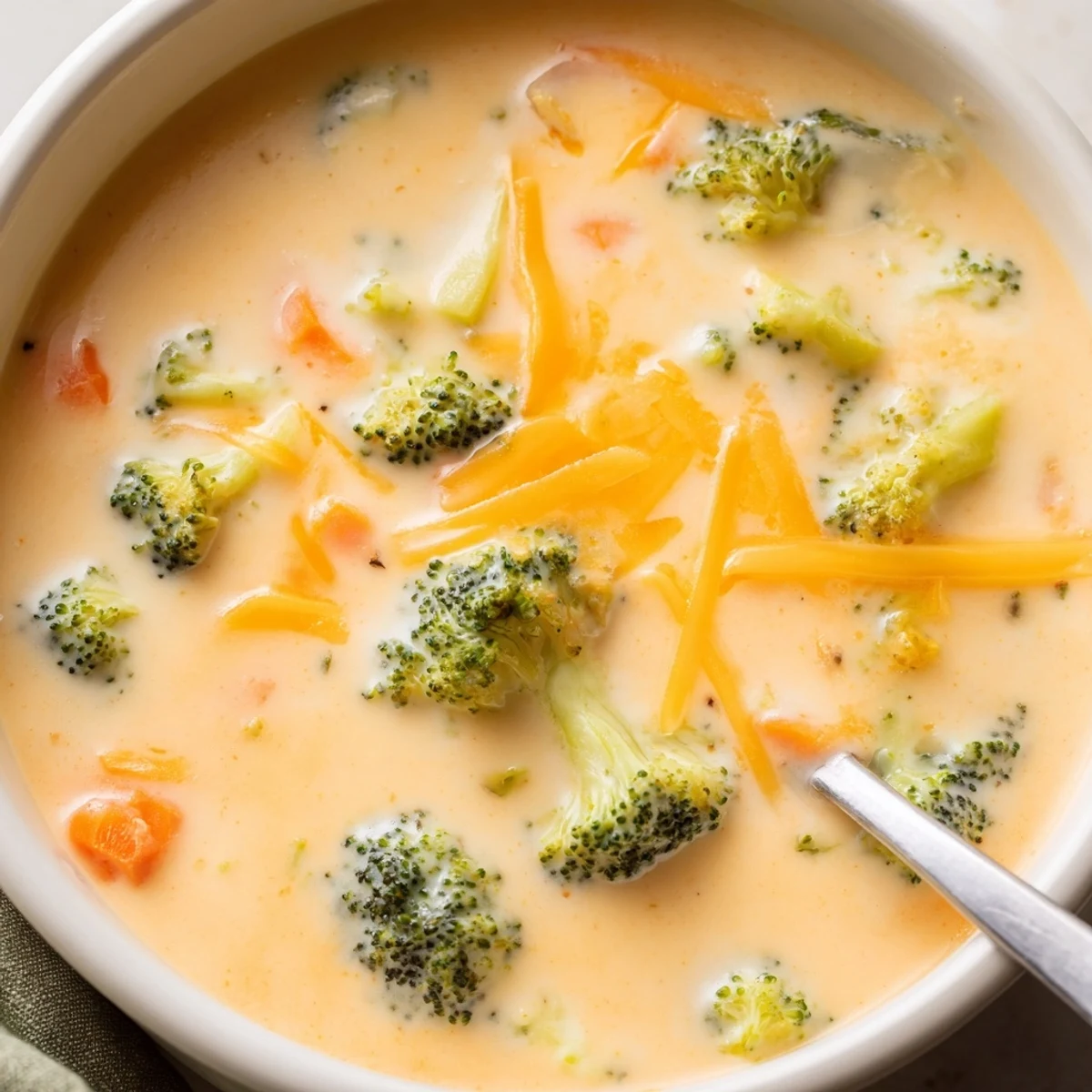Golden shredded cheddar atop smooth orange Instant Pot broccoli cheddar soup with fresh parsley