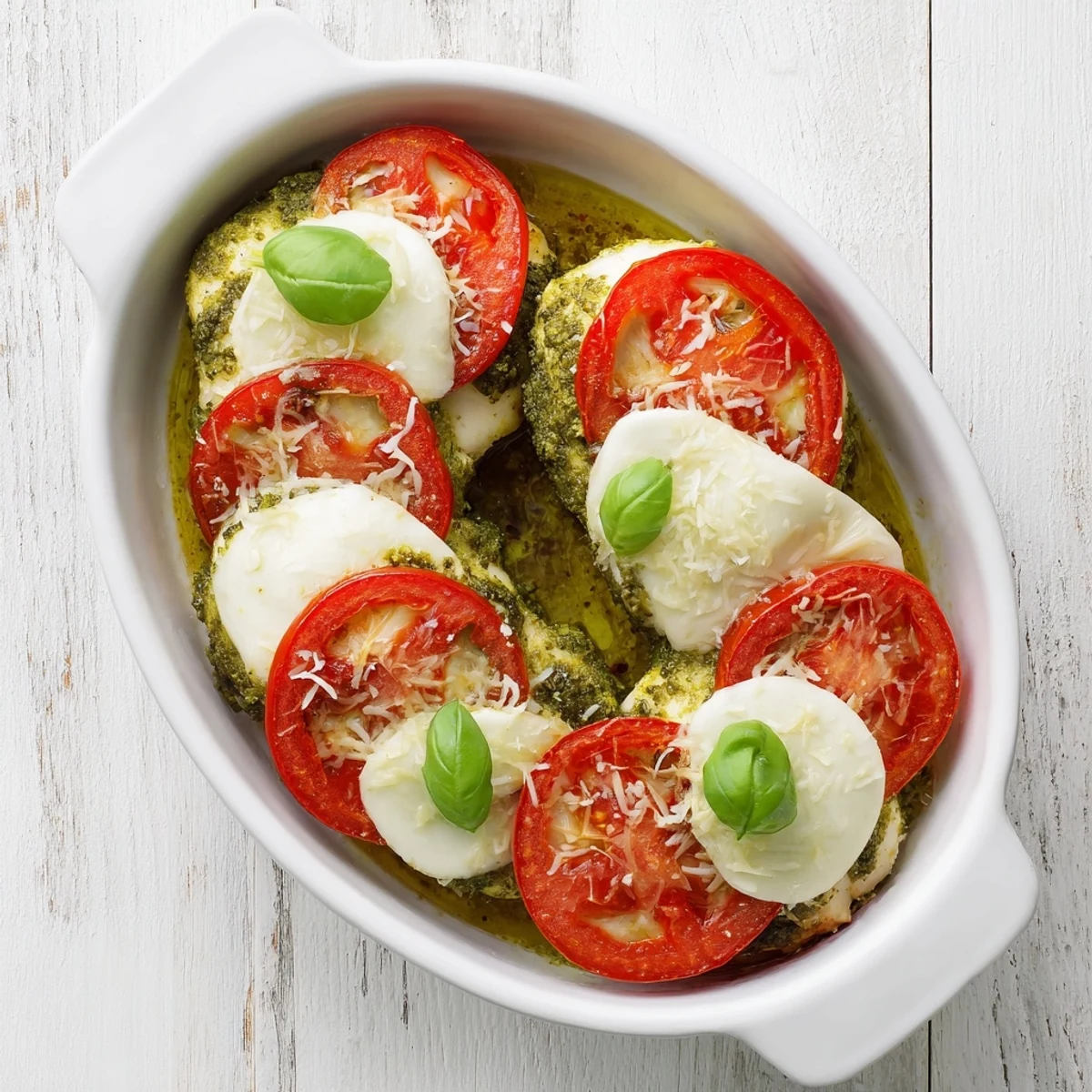 Golden baked pesto Caprese chicken topped with melted mozzarella and fresh tomato slices