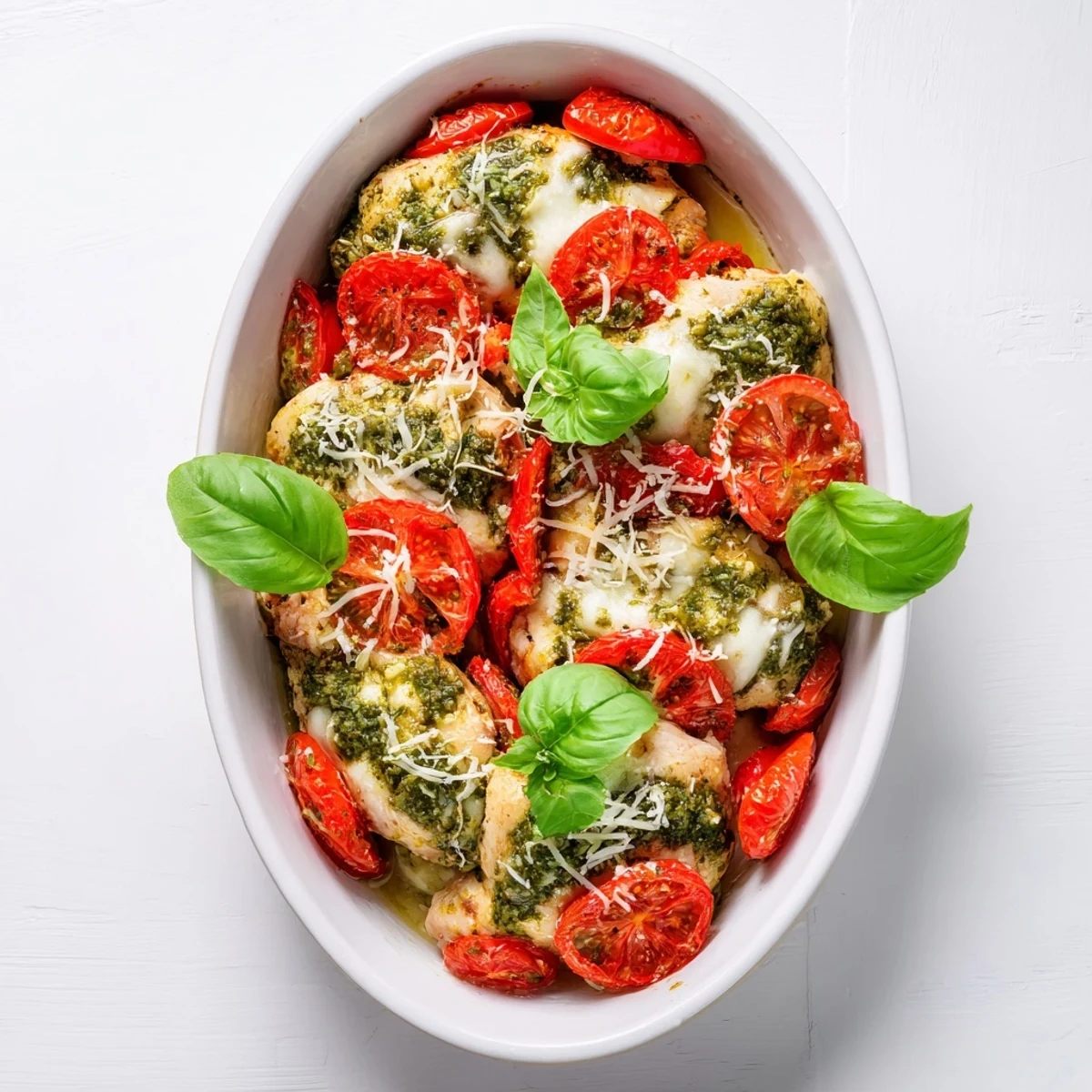 Juicy chicken breasts layered with vibrant pesto sauce and bubbly mozzarella cheese