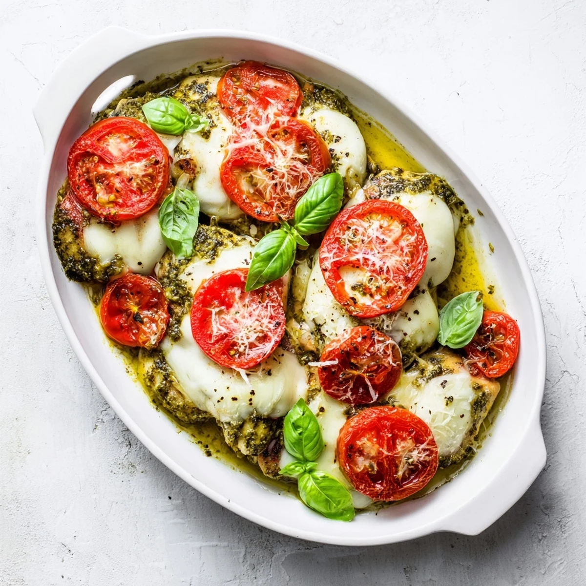 Oven-baked chicken featuring classic Caprese flavors with basil and melted mozzarella topping