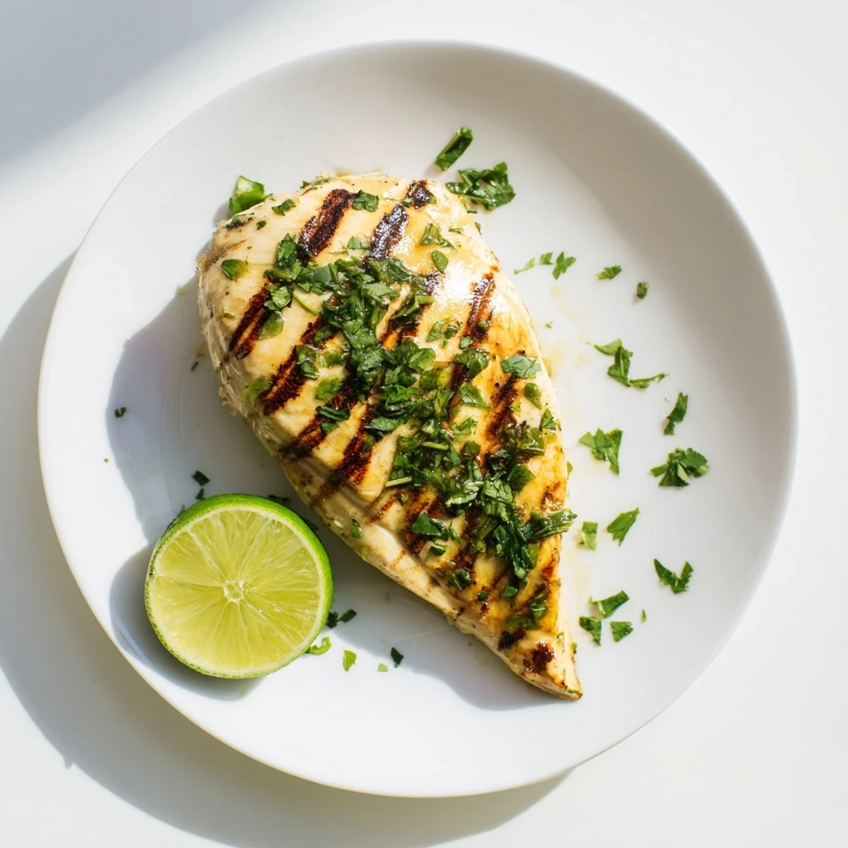 Flavorful Key West grilled chicken glazed with lime and herbs, served alongside bright green cilantro sprigs.