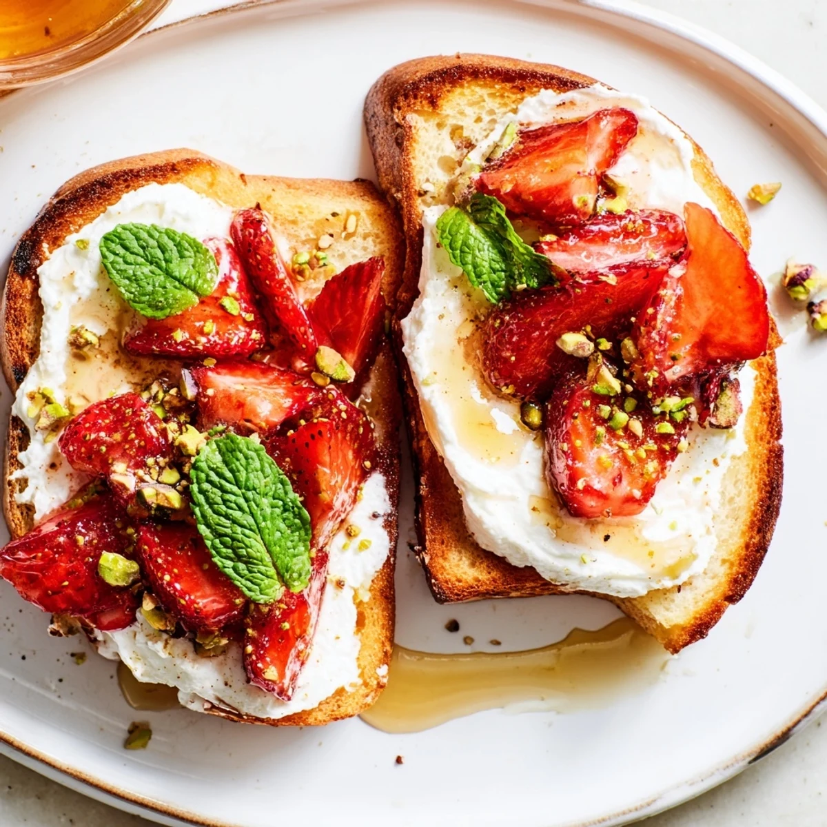 Golden sourdough toast topped with fluffy whipped ricotta and sweet roasted strawberries drizzled with honey