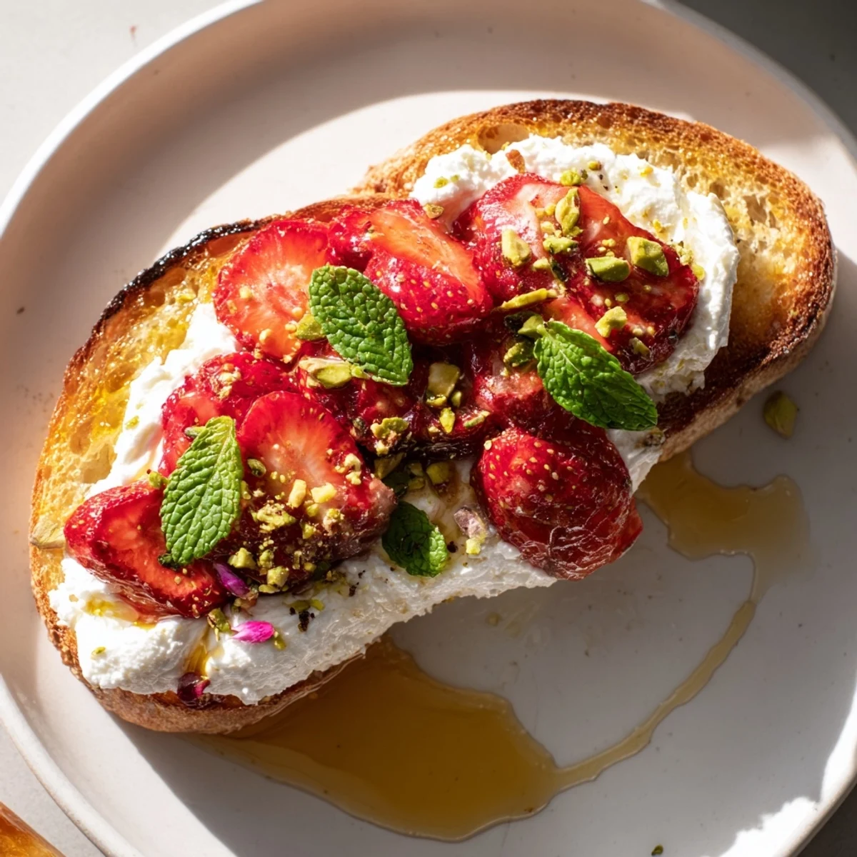 Artisan bread spread with creamy lemon ricotta and topped with ruby roasted strawberries and fresh mint