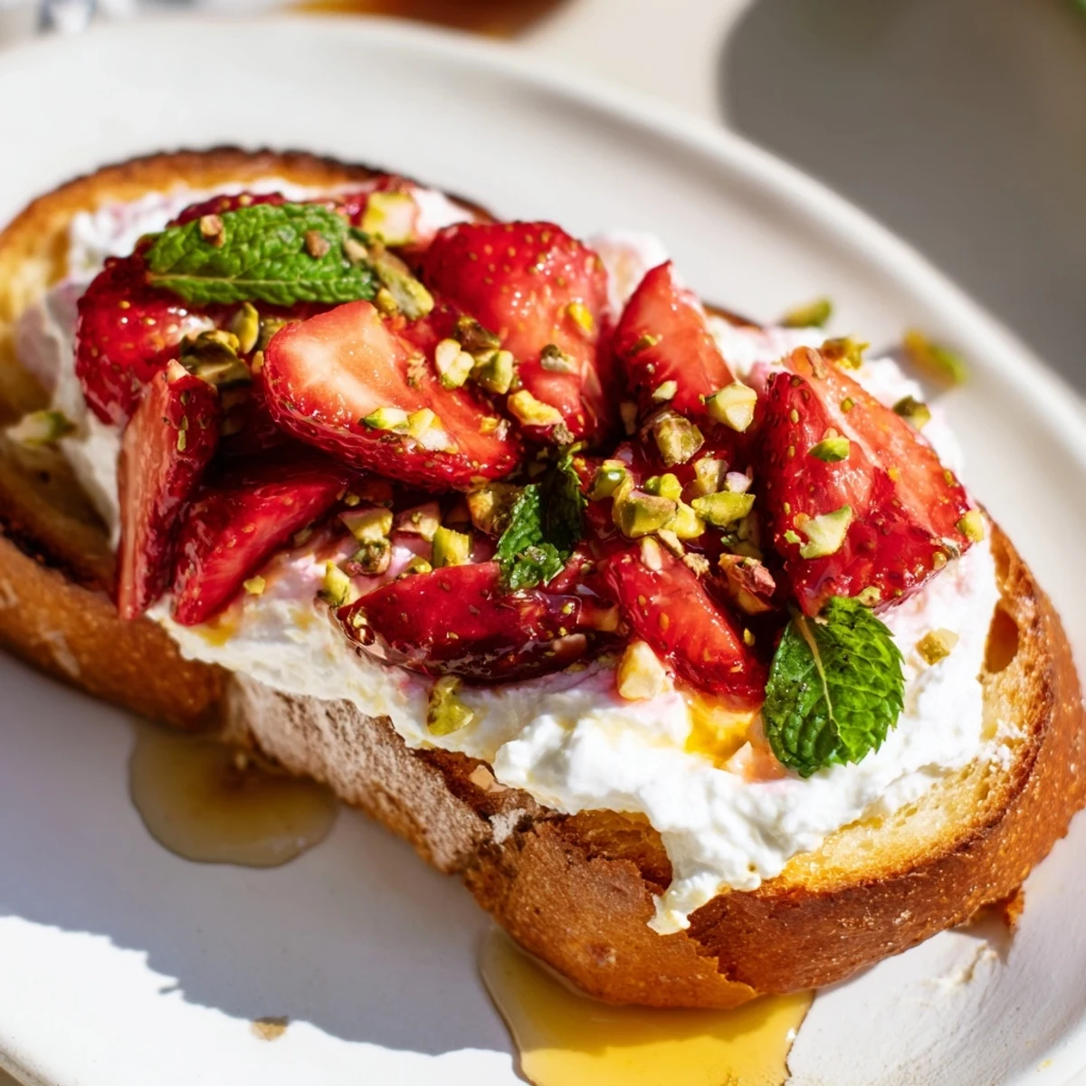 Roasted strawberry whipped ricotta toast featuring crunchy bread layered with tangy cheese and syrupy berries
