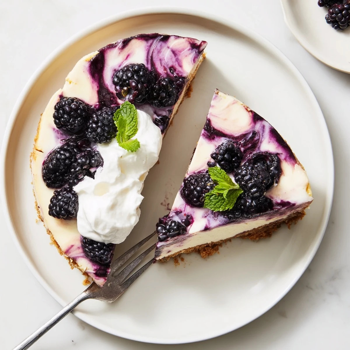 Rich cheesecake topped with tangy blackberry compote and fresh berries on dessert plate