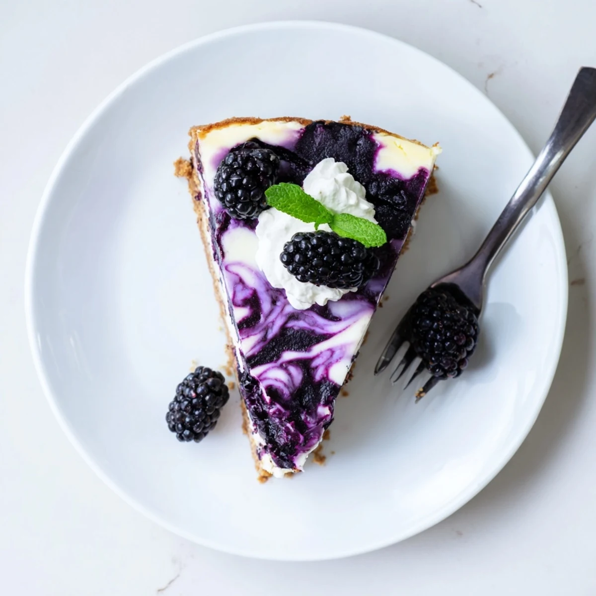 Velvety baked Blackberry Bliss Cheesecake showing marbled fruit swirl and crumbly base