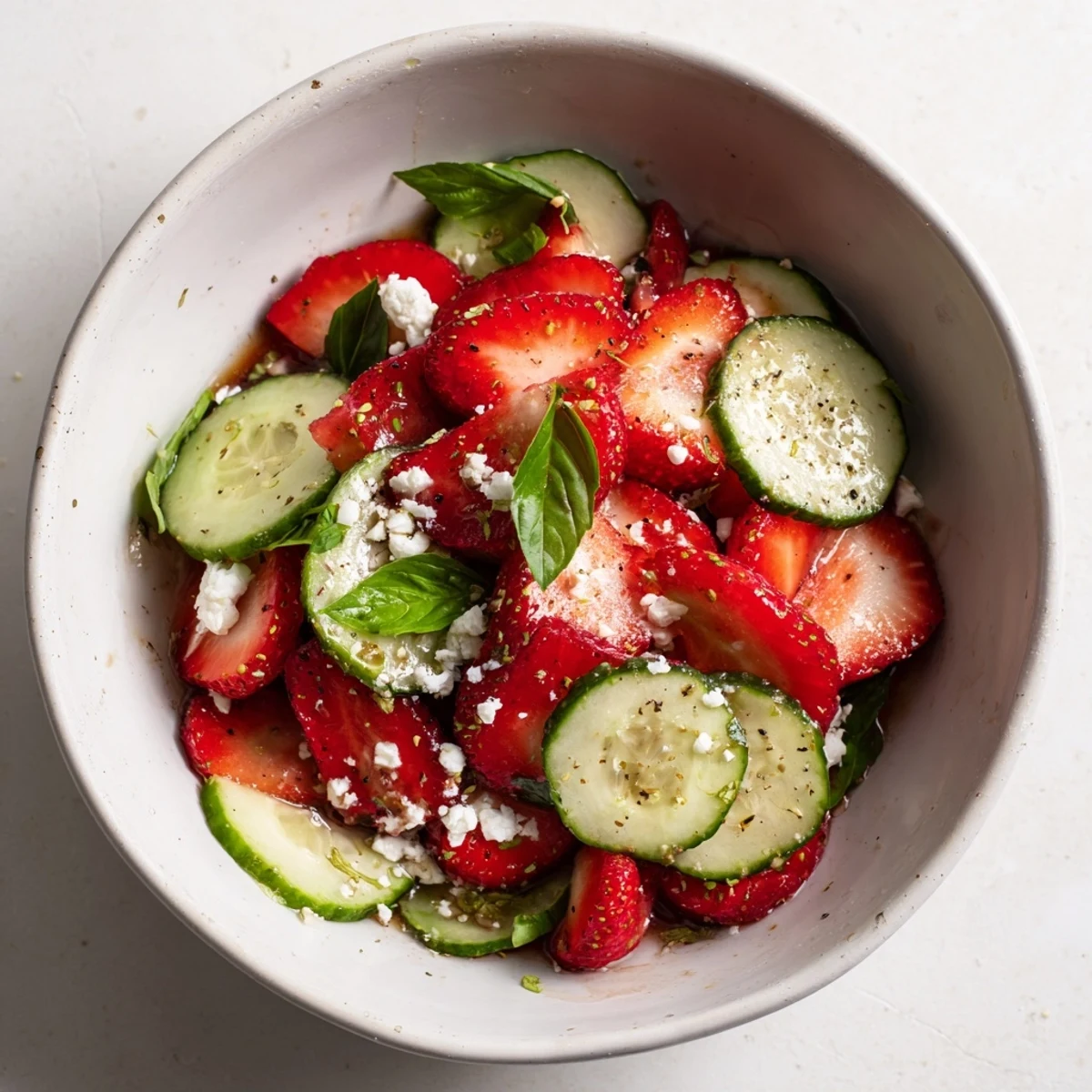 Fresh strawberry cucumber salad featuring vibrant red berries and crisp green cucumber slices tossed with herbs