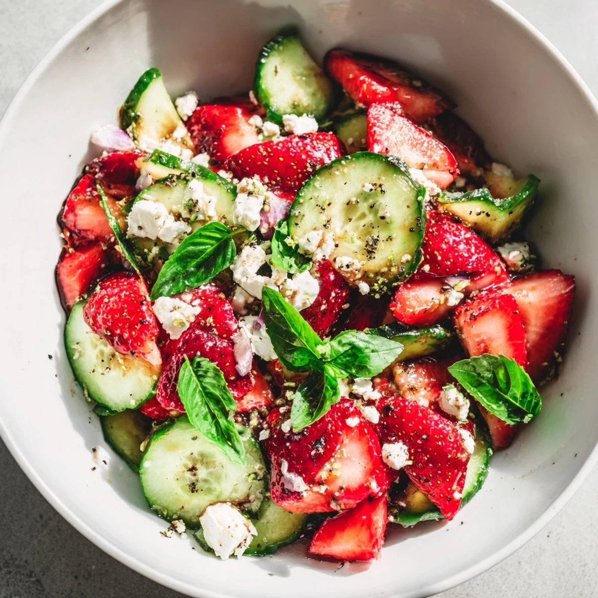 Colorful bowl of strawberry cucumber salad drizzled with tangy balsamic dressing and fresh mint garnish