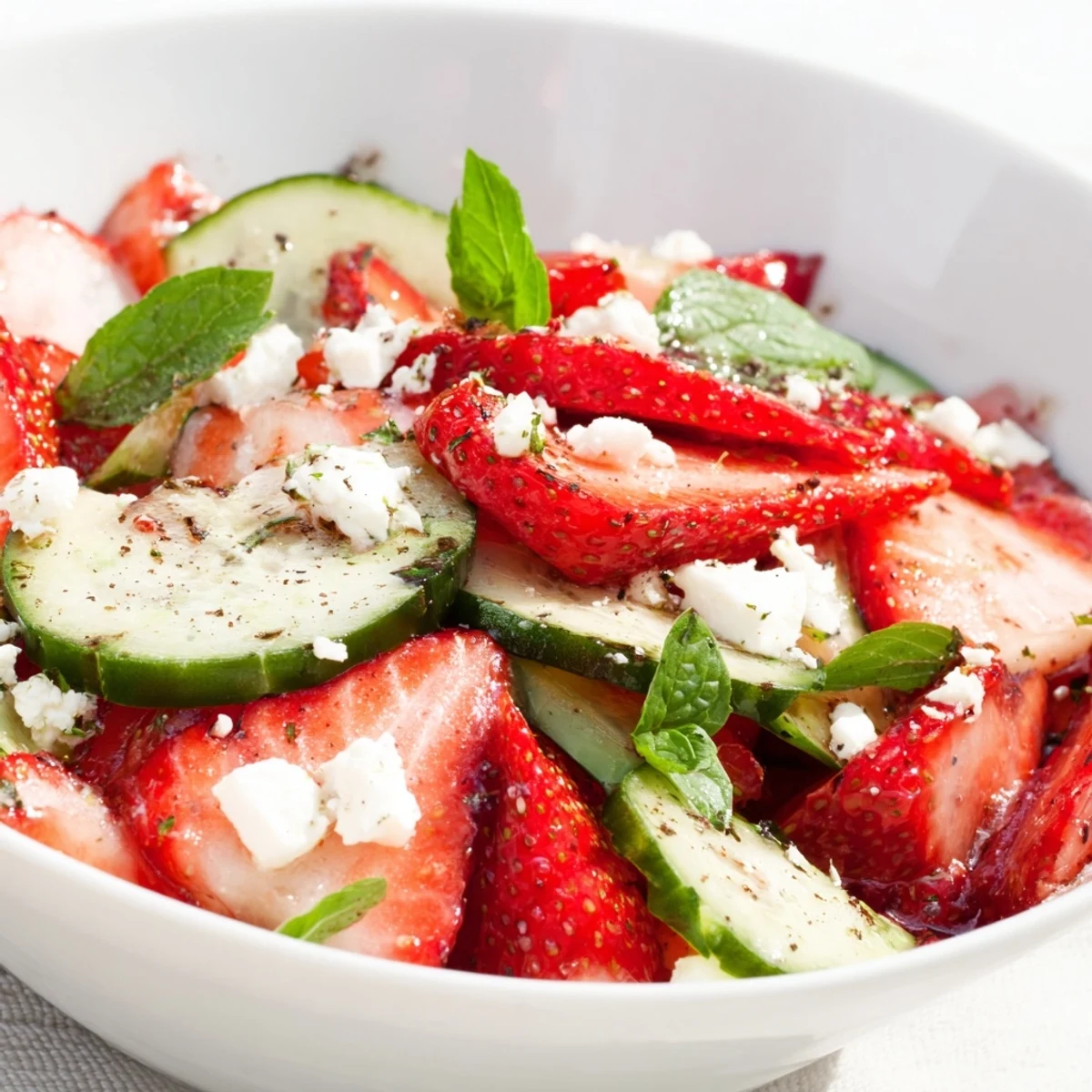 Summer strawberry cucumber salad arranged on white platter with feta cheese and black pepper sprinkle