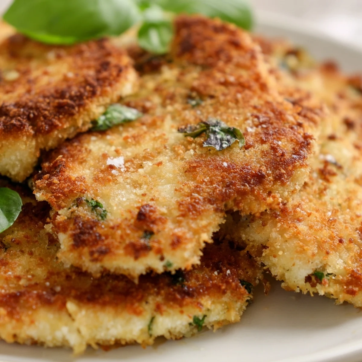 Golden Parmesan basil chicken cutlets pan-fried to crispy perfection on a white plate