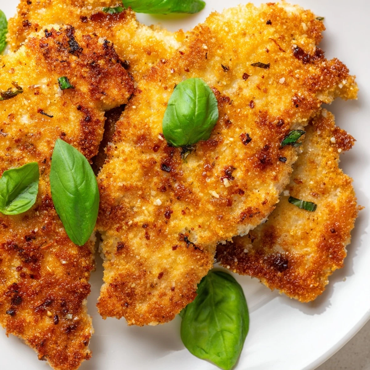 Savory Italian chicken cutlets with fresh basil and Parmesan served with lemon wedges