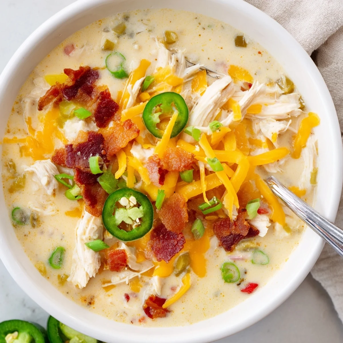 Creamy spicy jalapeno popper chicken soup topped with crispy bacon crumbles and melted cheddar cheese
