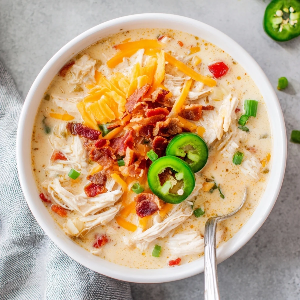 Rich and velvety jalapeno popper chicken soup simmered with tender chicken and colorful diced peppers
