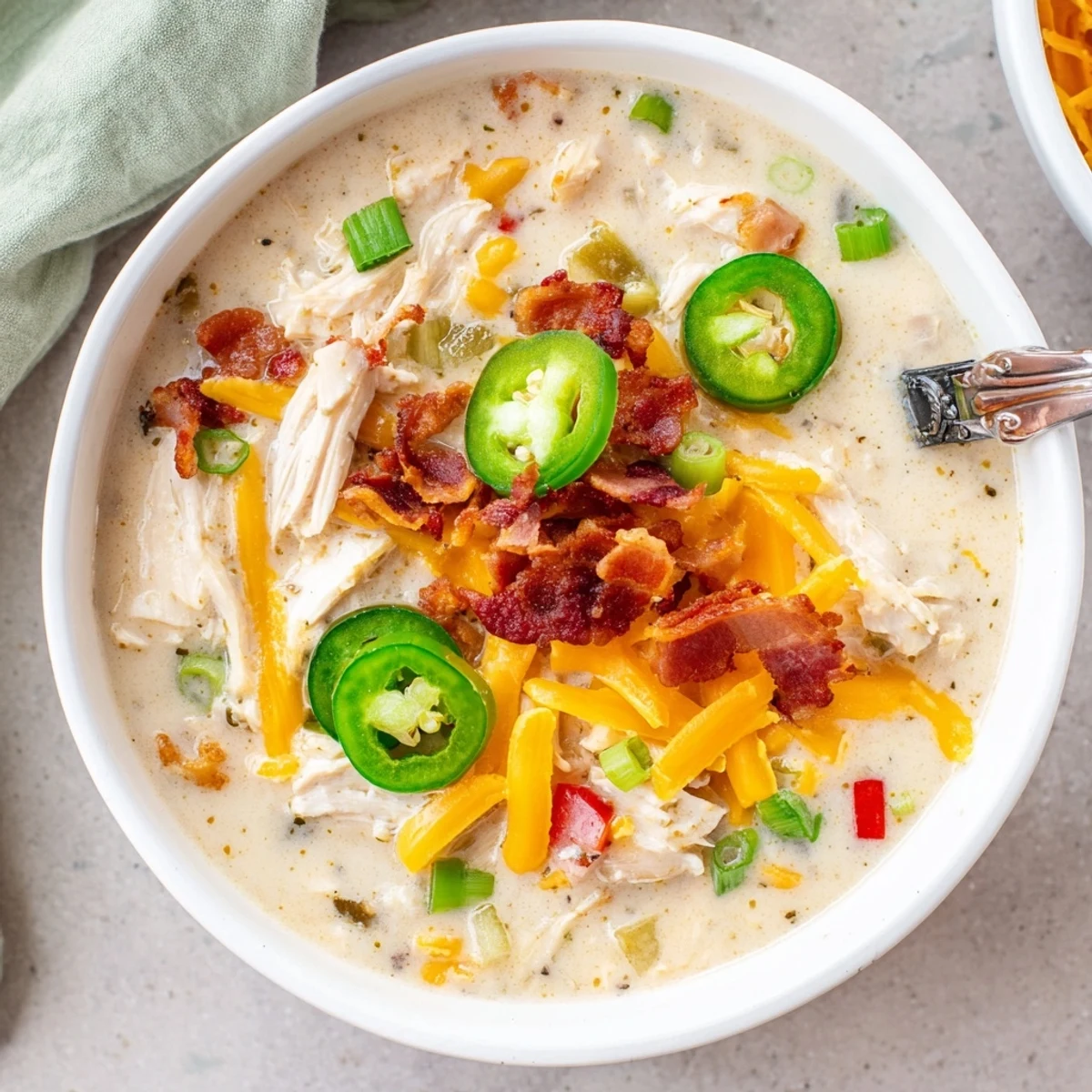 Steaming bowl of spicy jalapeno popper chicken soup garnished with fresh green onions and extra sharp cheddar