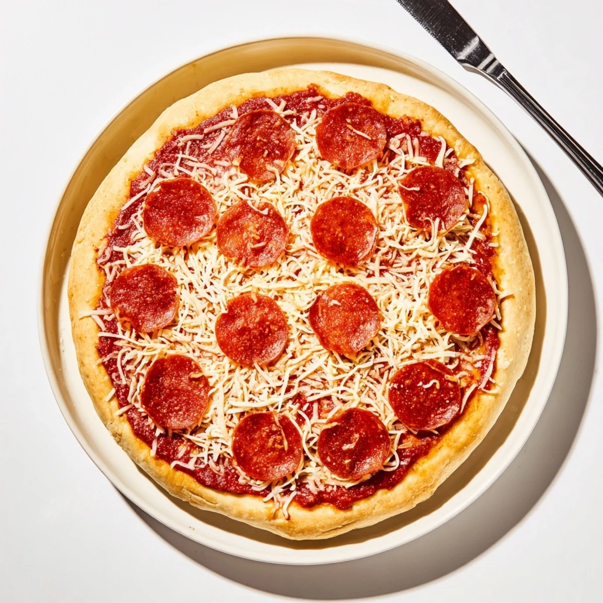 Crispy pan baked pizza with pepperoni slices on a golden thick buttery crust