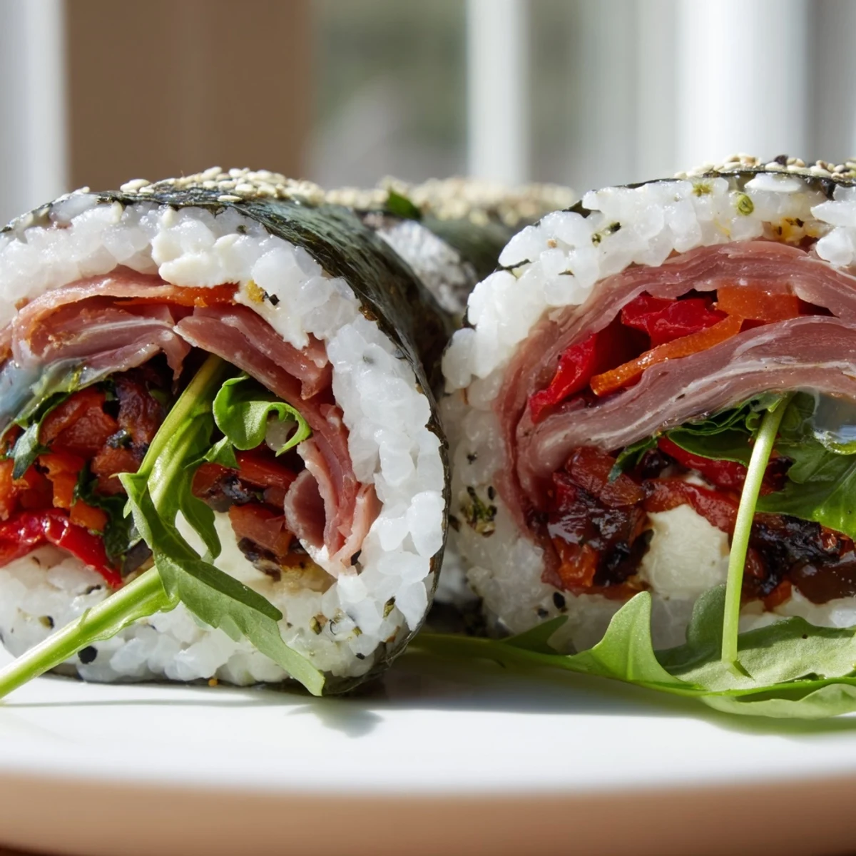 Colorful Italian sushi rolls wrapped in nori with prosciutto, mozzarella, and roasted red peppers