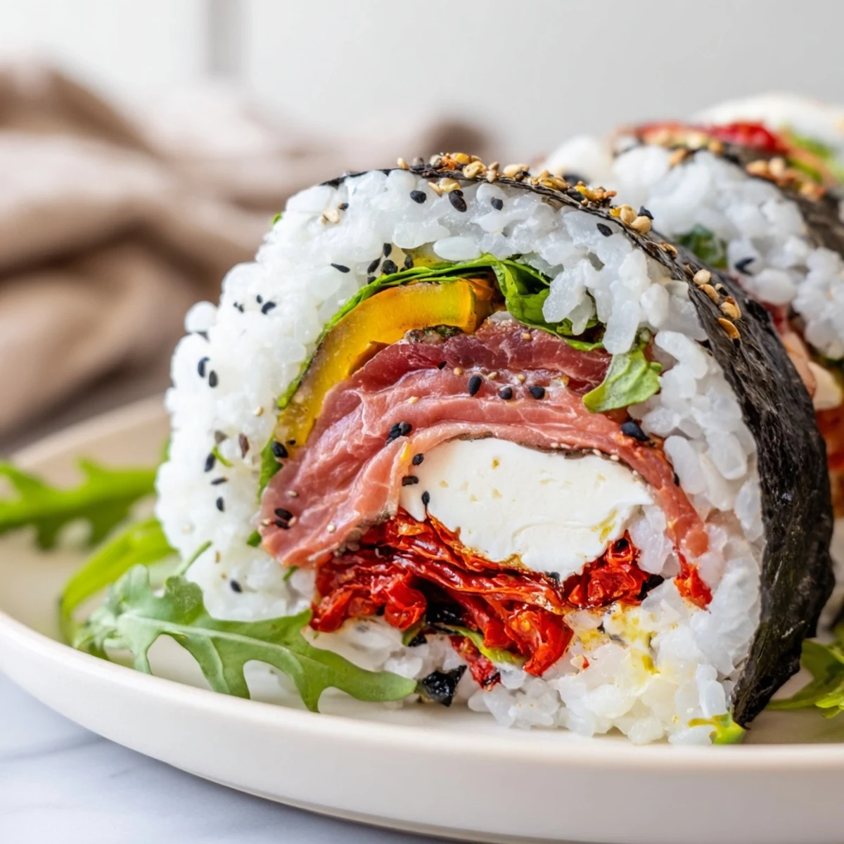 Fusion sushi platter featuring fresh basil, sun-dried tomatoes, and arugula atop seasoned rice