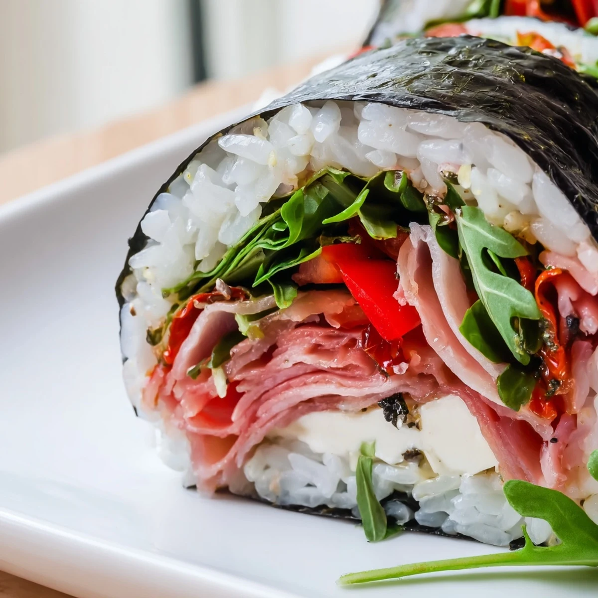 Creative Italian sushi arranged on serving plate drizzled with balsamic glaze and basil garnish