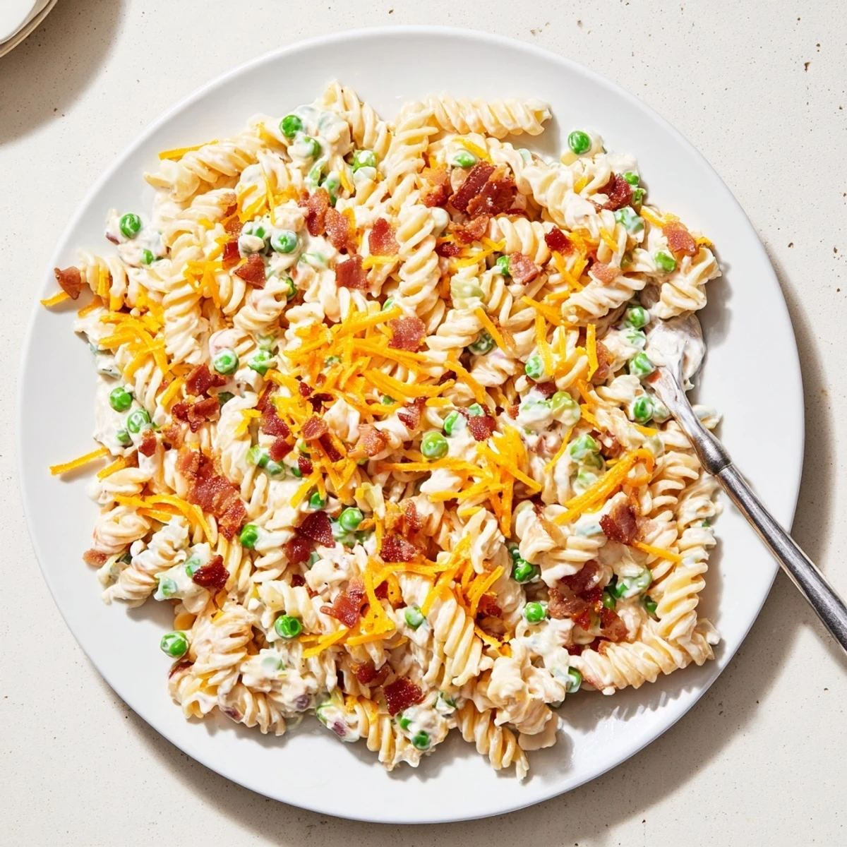 American-style crack pasta salad featuring melted cheddar, ranch dressing, and savory bacon garnish