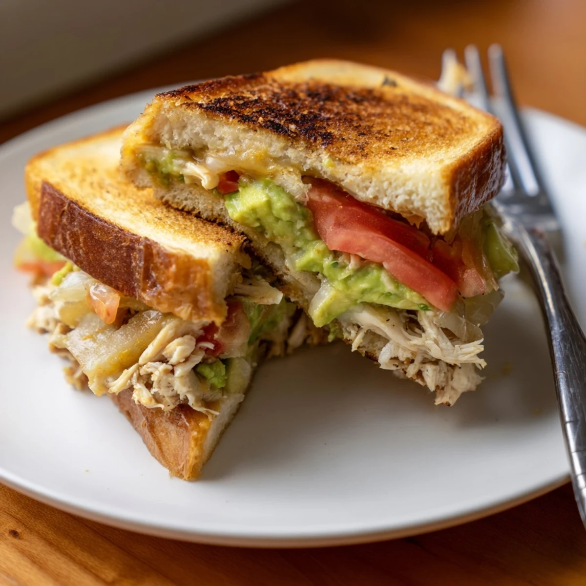 Golden brown chicken avocado melt sandwich with melted cheese oozing from toasted sourdough bread slices
