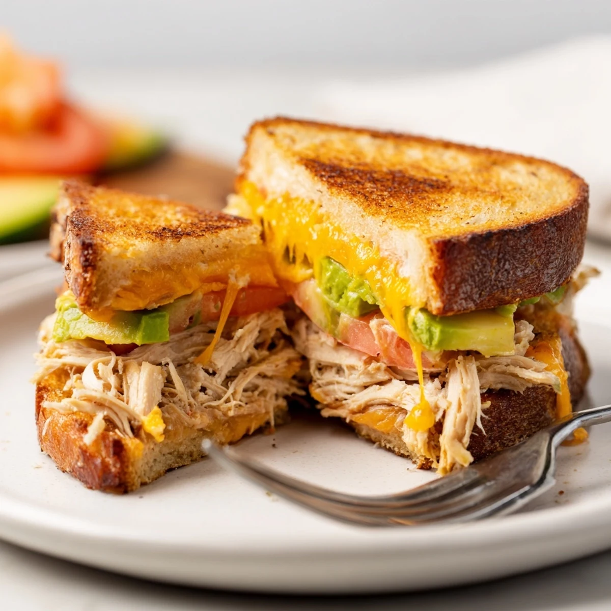 Savory chicken avocado melt sandwich on a plate featuring crispy bread and tender chicken with melted cheese