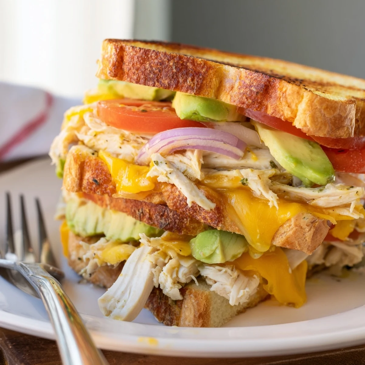 Warm chicken avocado melt sandwich cut diagonally revealing creamy avocado layers and melted cheddar cheese