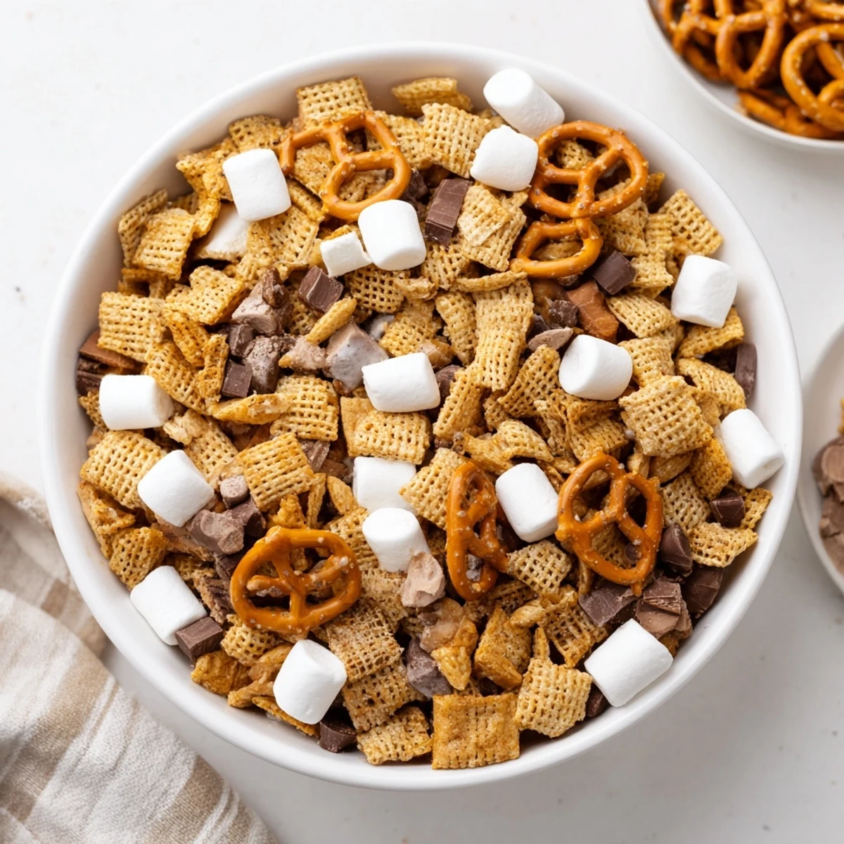 Colorful s'mores snack mix recipe piled high with golden grahams, fluffy mini marshmallows, and milk chocolate chips
