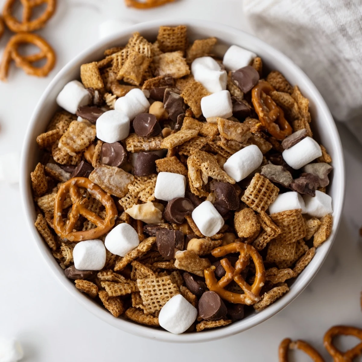 Crunchy s'mores snack mix recipe in a white bowl showcasing chocolate chunks, mini marshmallows, and salted pretzels