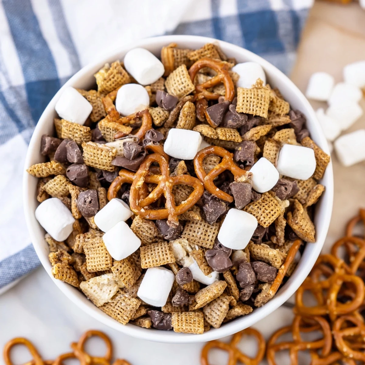 Sweet and salty s'mores snack mix recipe featuring graham cereal, melted chocolate swirls, and soft marshmallows on wooden table