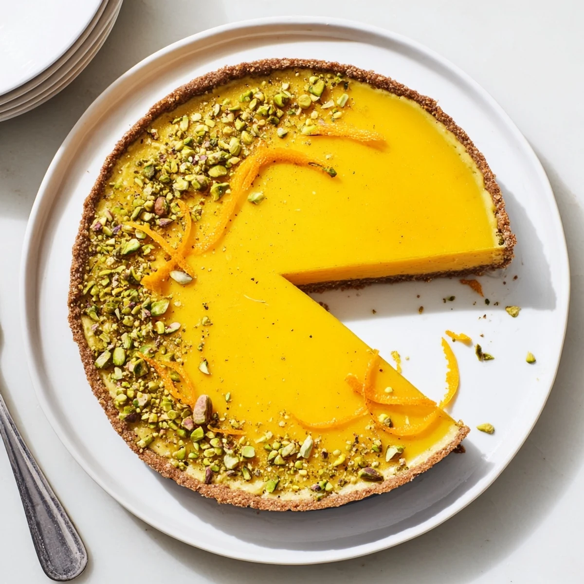 Golden orange cardamom tart with vibrant pistachio crust garnished with chopped nuts
