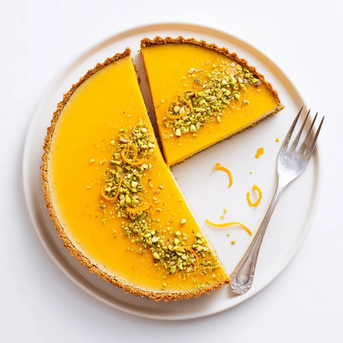 Elegant orange cardamom tart featuring nutty pistachio crust and citrus topping detail
