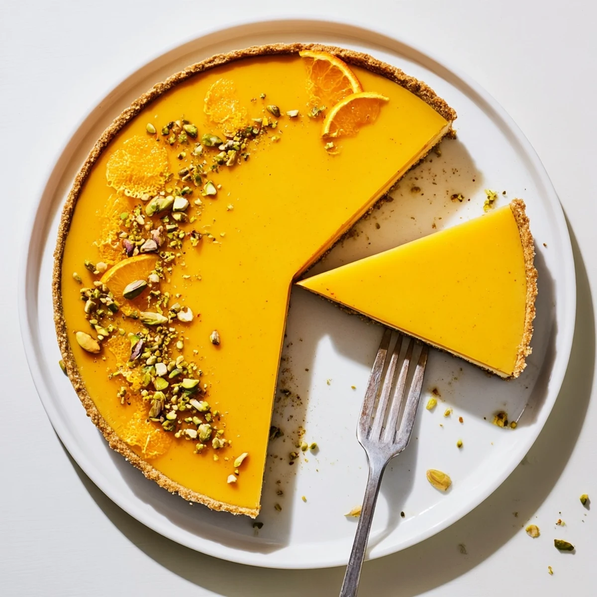 Creamy orange cardamom tart slice on white plate with fresh orange zest
