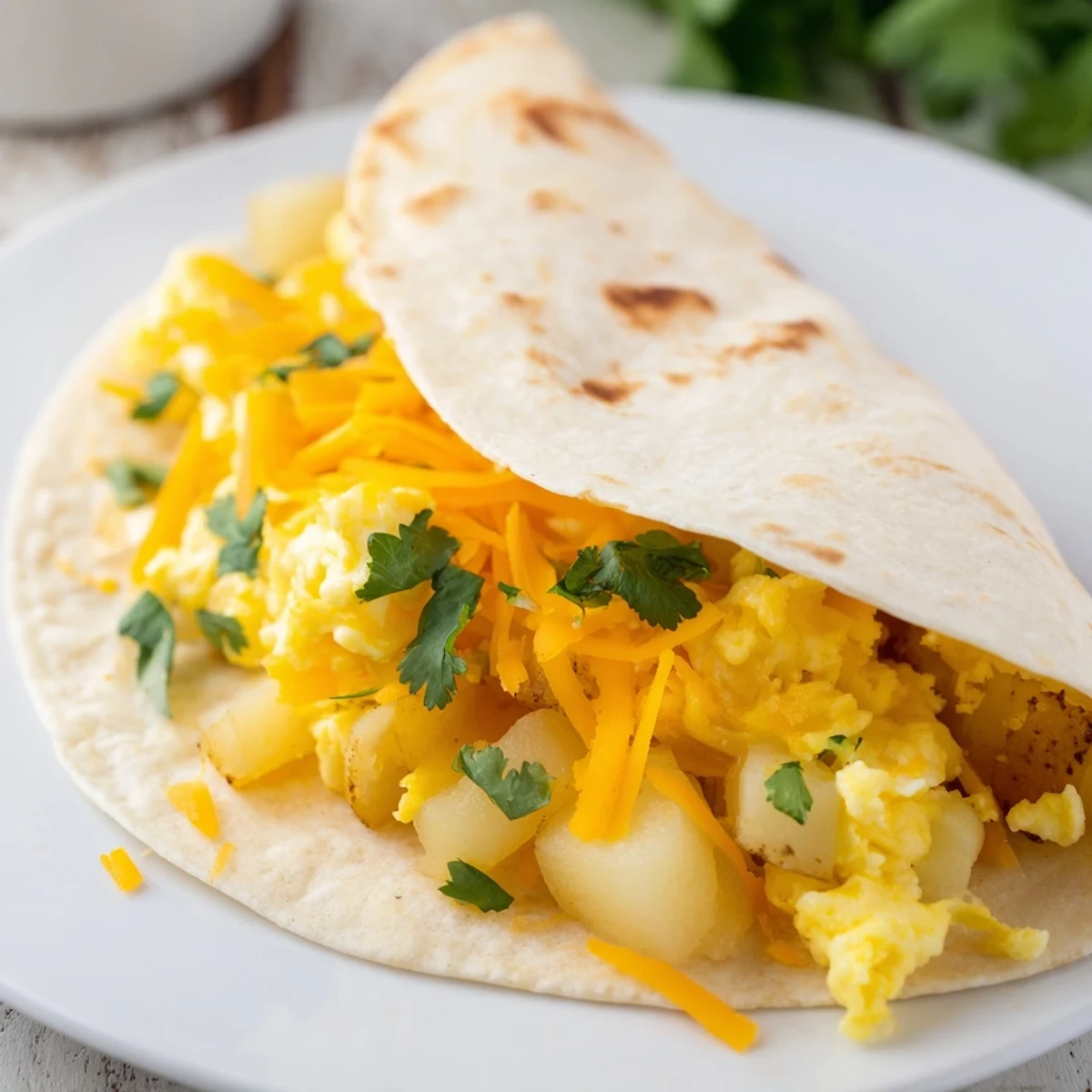 Golden potato egg cheese breakfast tacos loaded with fluffy scrambled eggs and melted cheddar in warm flour tortillas