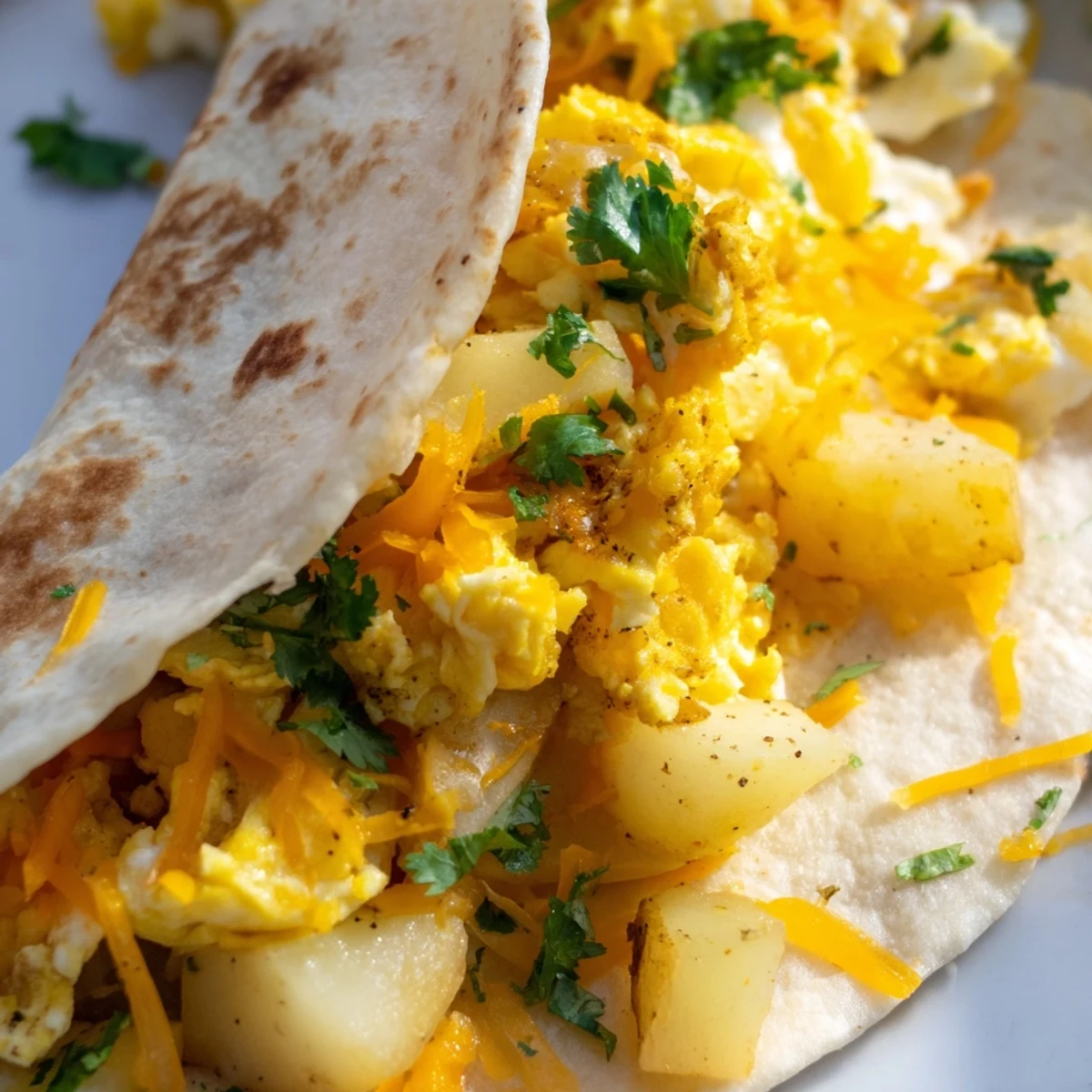 Crispy potato and egg breakfast tacos topped with fresh cilantro and spicy salsa for a hearty Tex-Mex morning