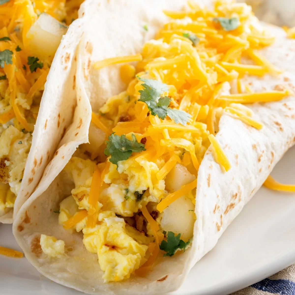 Homemade breakfast tacos featuring golden fried potatoes, creamy scrambled eggs, and gooey cheese nestled inside soft warm tortillas