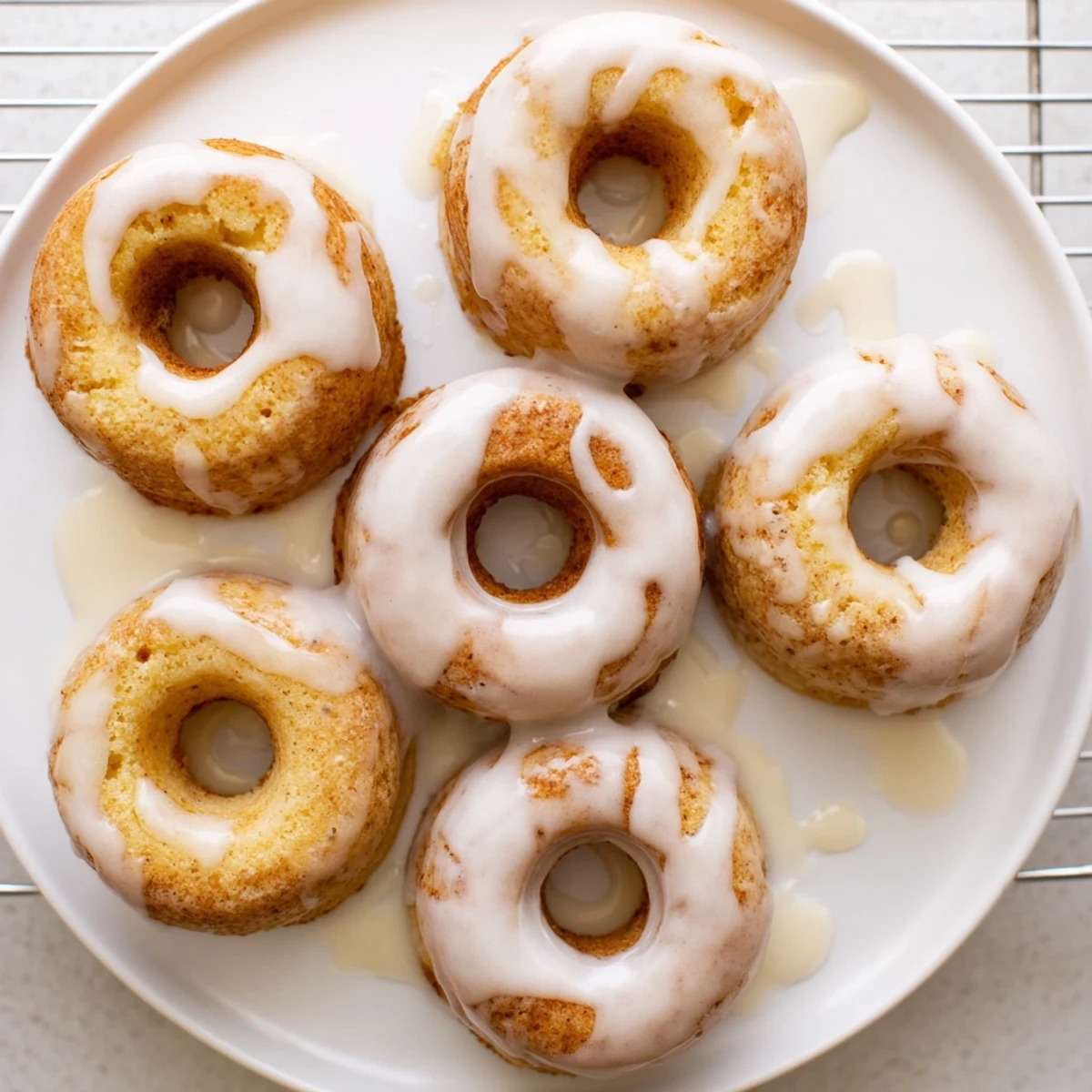 Golden baked Greek yogurt cake donuts with sweet vanilla glaze on a wire rack