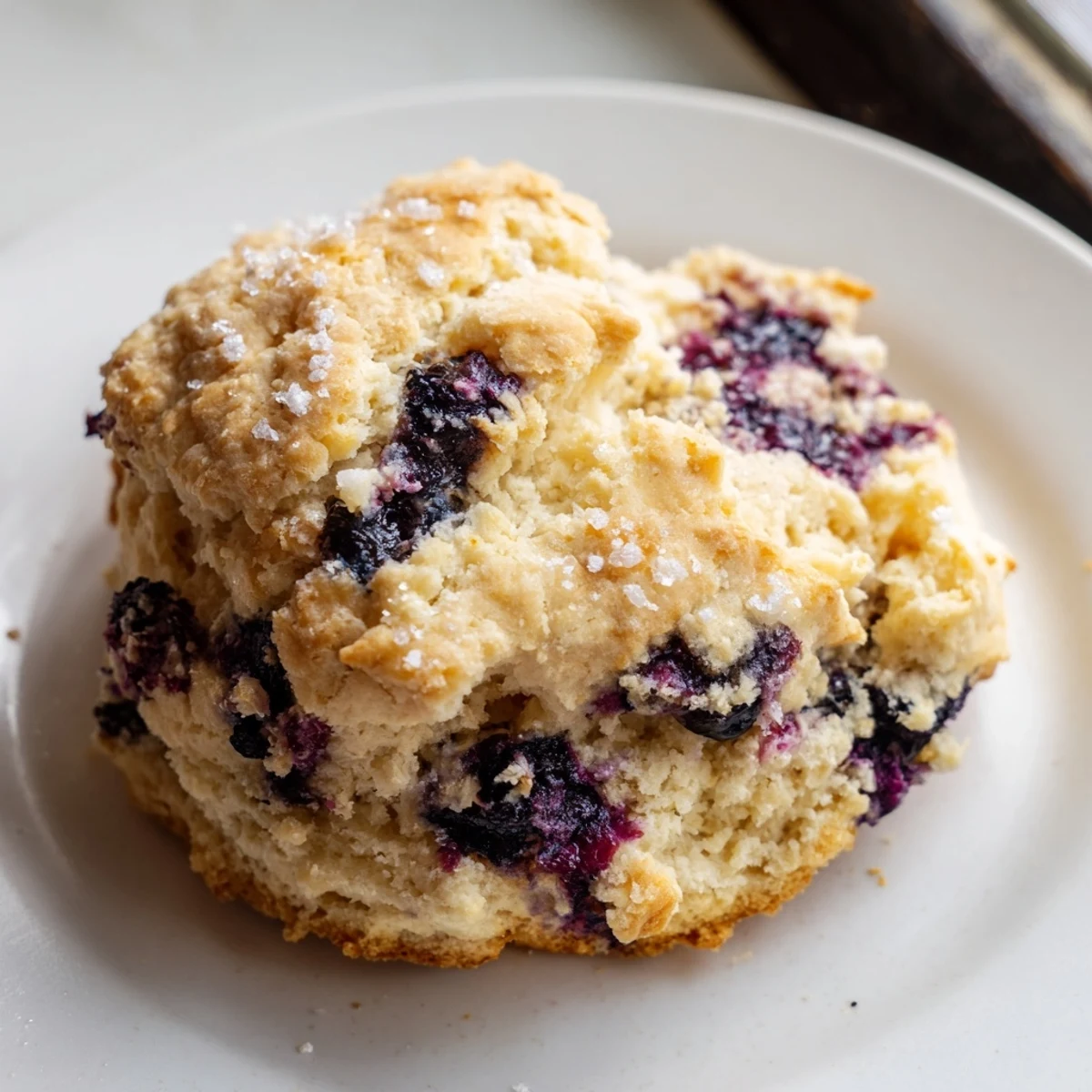 Golden blueberry biscuits fresh from the oven with coarse sugar sparkling on top