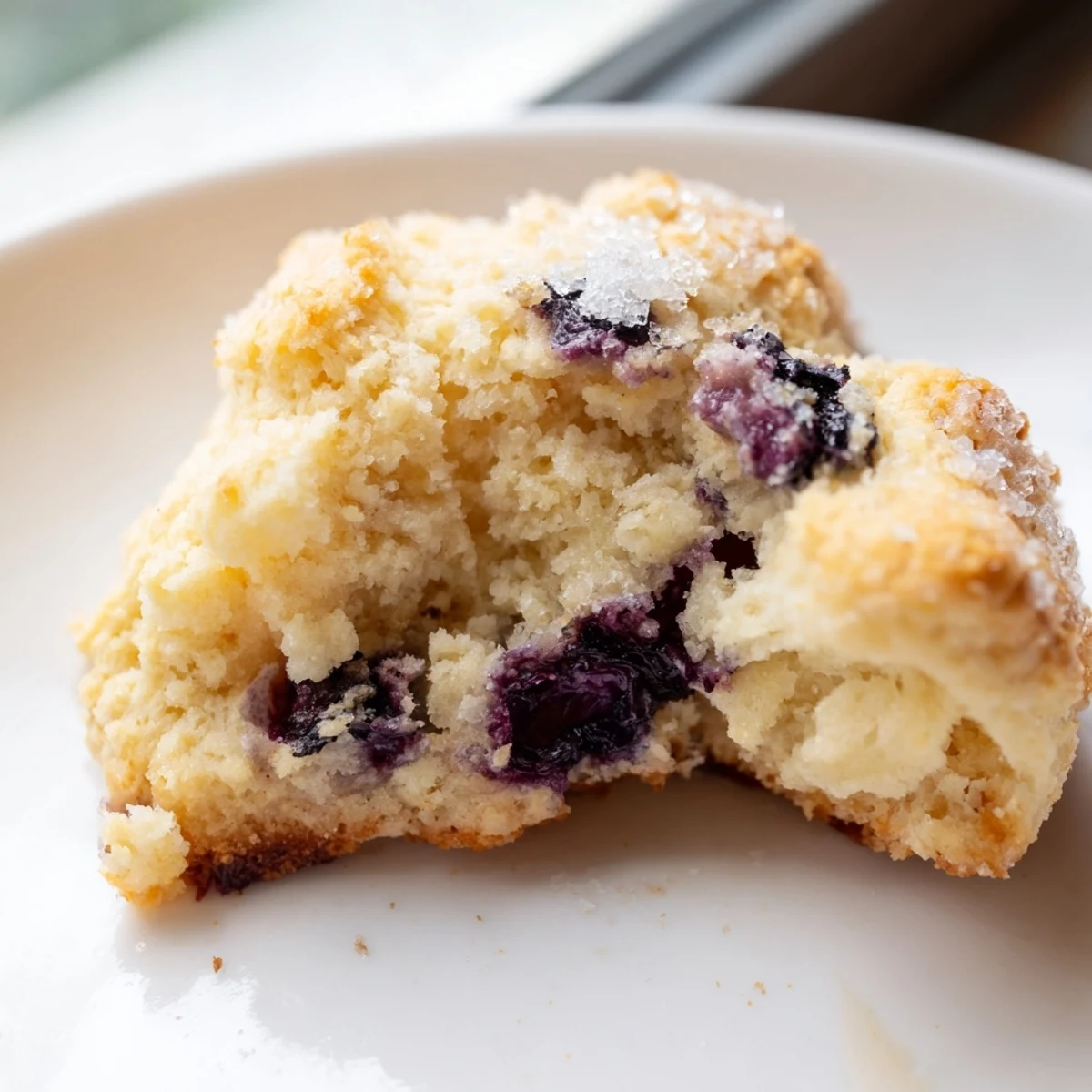 Flaky buttery biscuits bursting with juicy blueberries served on a white plate