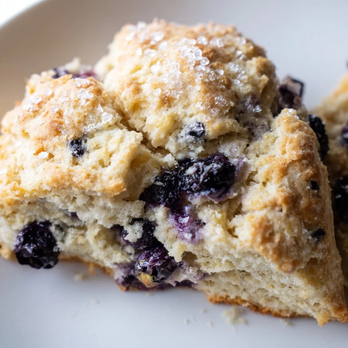 Stack of warm blueberry biscuits drizzled with honey on a wooden breakfast board