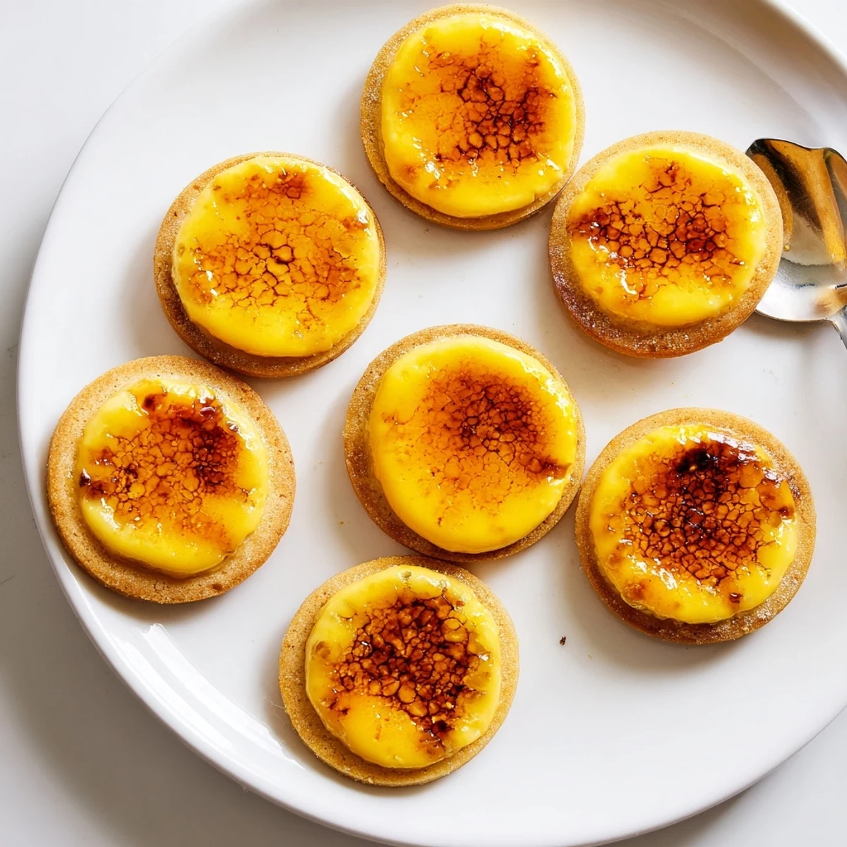 Buttery shortbread cookies topped with vanilla custard and torched caramelized sugar layer close up