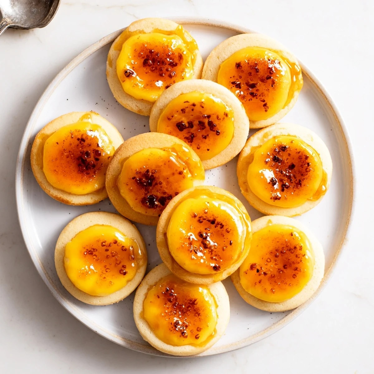 Golden Creme Brulee Shortbread Cookies with crackled caramelized sugar topping on white plate