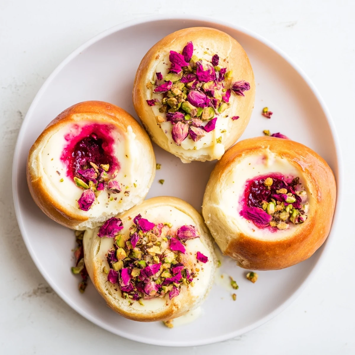Golden raspberry and rose cheesecake buns with creamy centers and vibrant red raspberry swirls