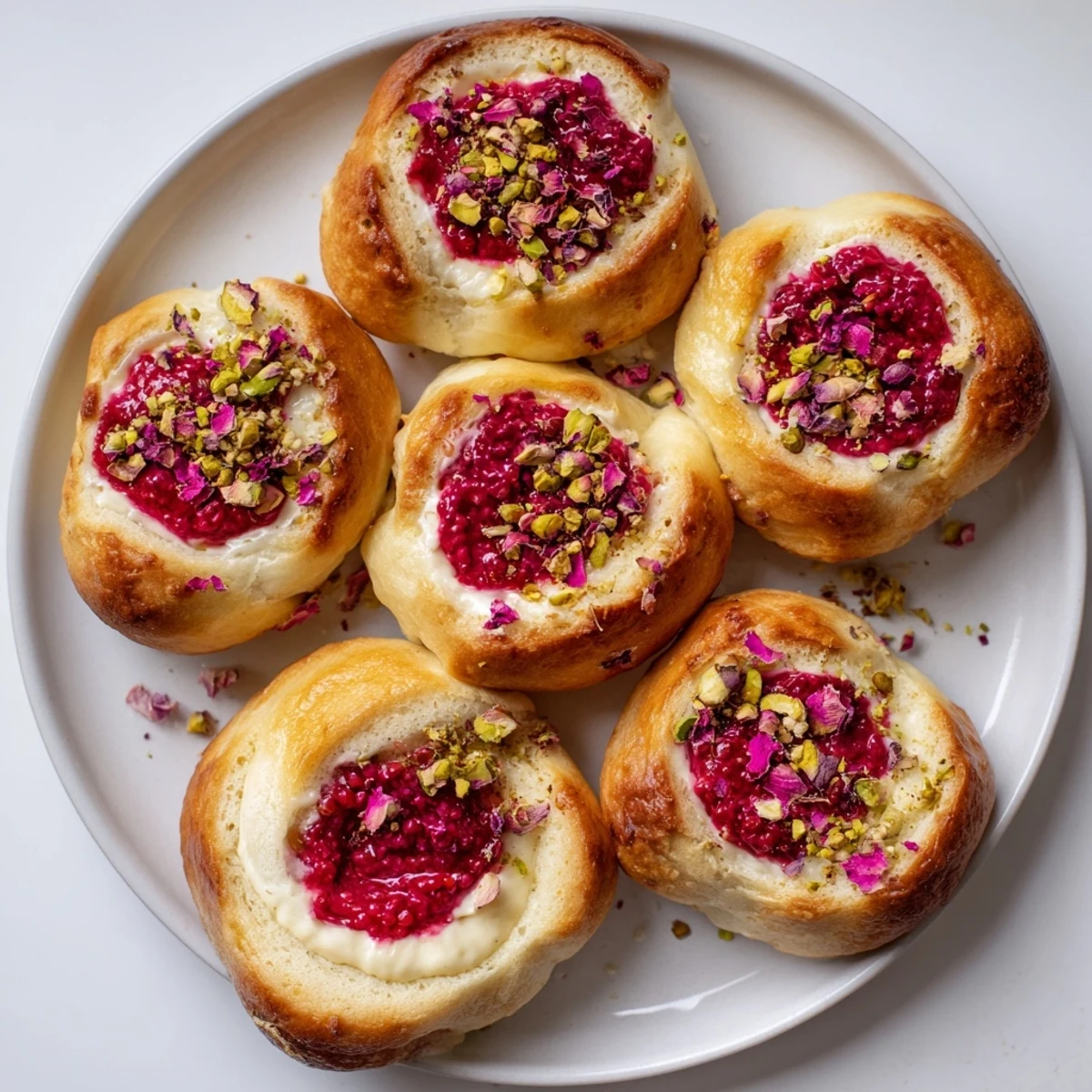 Freshly baked floral cheesecake buns featuring rose water cream cheese and bright raspberry jam pockets