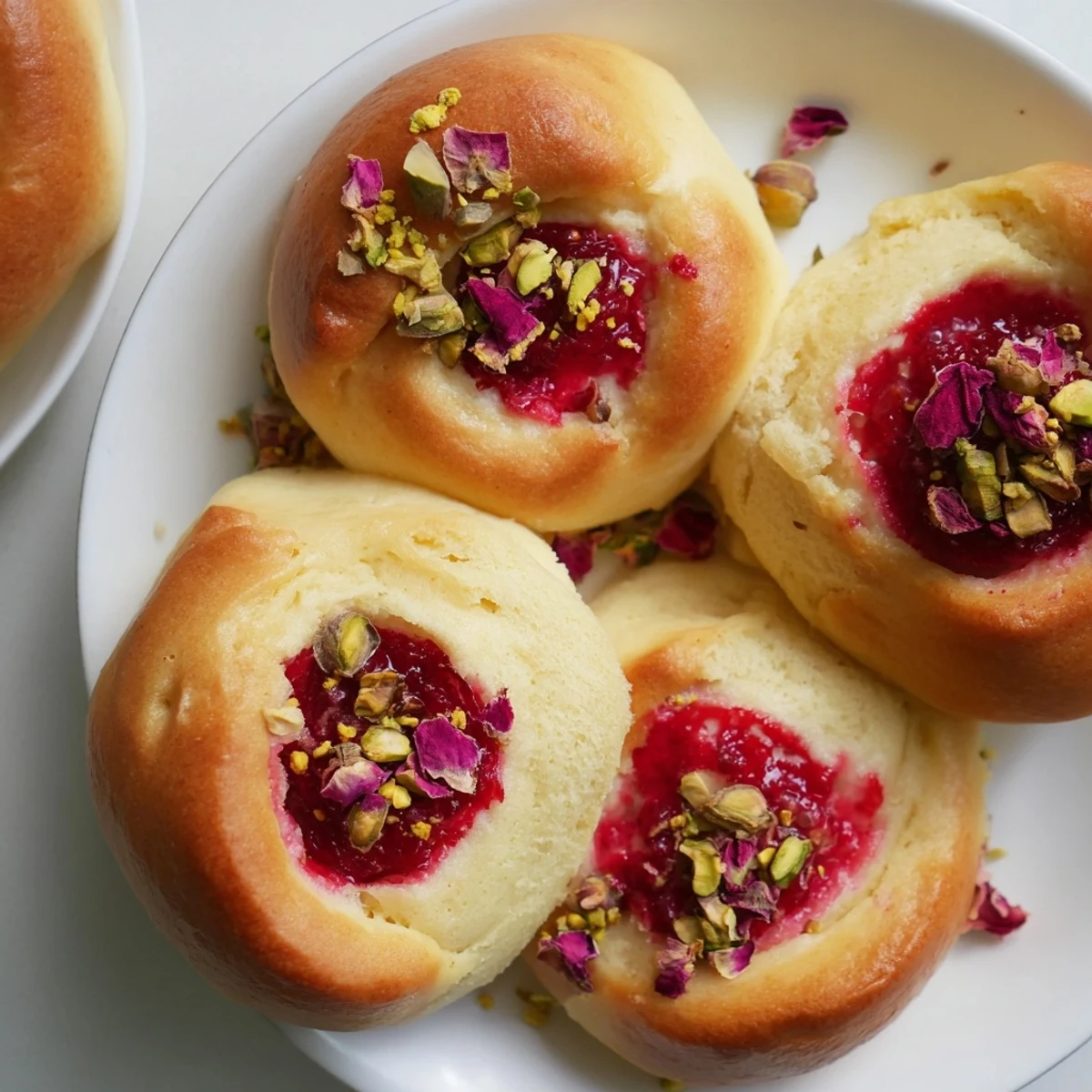 Soft sweet buns topped with rose-scented cream cheese filling and tart raspberry compote garnish