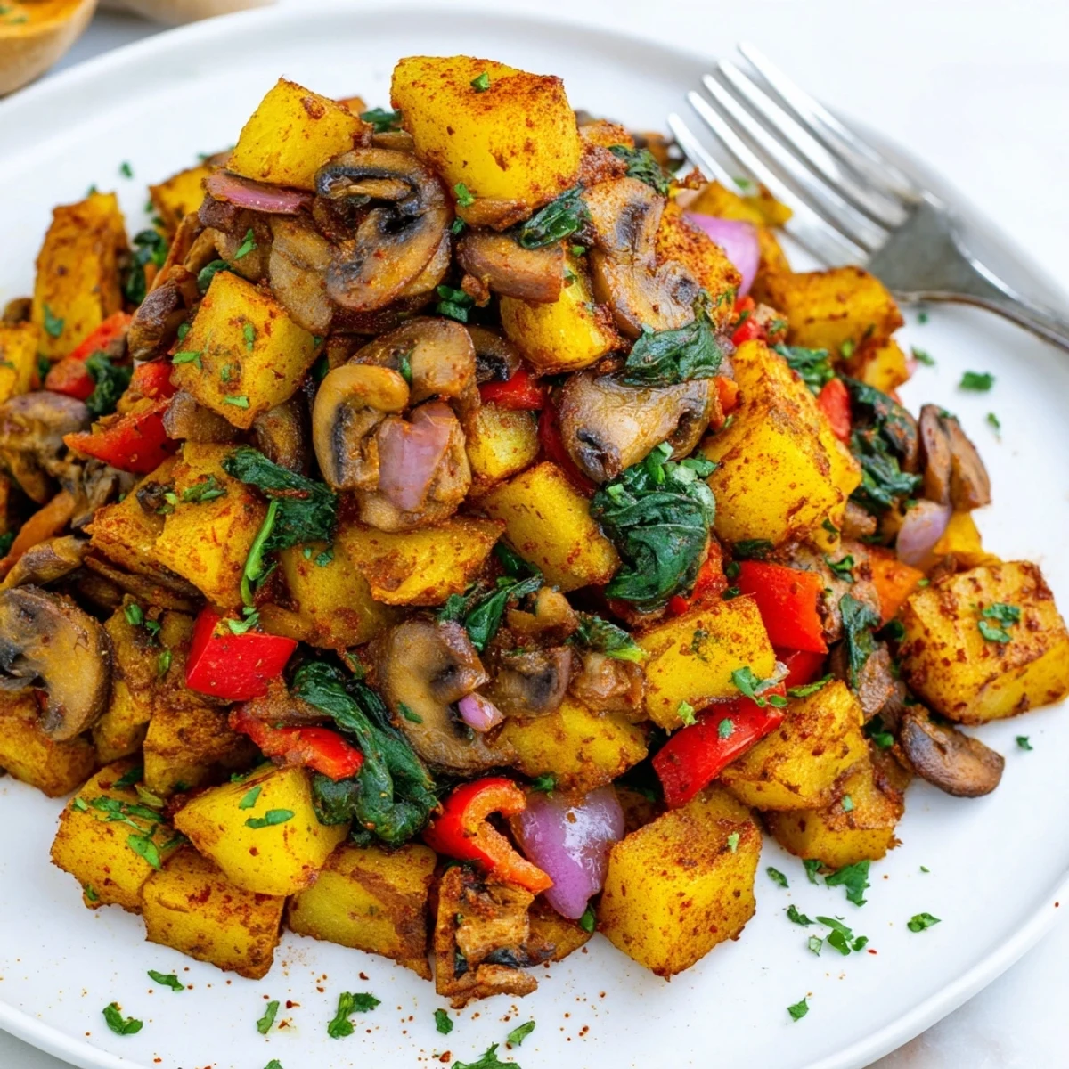 Golden crispy vegan breakfast hash with colorful bell peppers and spinach in a cast iron skillet