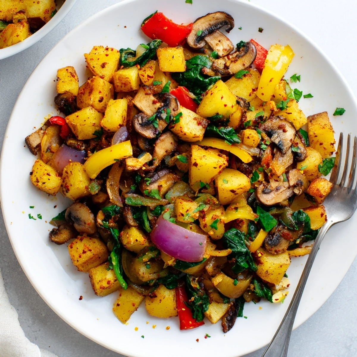 Hearty vegan breakfast hash plated with diced potatoes, onions, mushrooms, and fresh parsley garnish